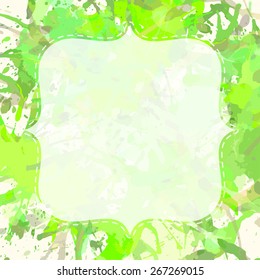 Template with semi-transparent white vintage frame over pastel green artistic paint splashes, ready for your text.