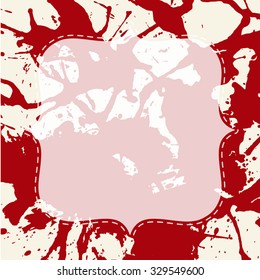 Template with semi-transparent white vintage frame over bright red colorful artistic paint splashes, ready for your text.