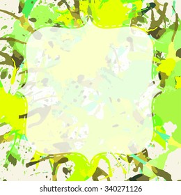 Template with semi-transparent white vintage frame over bright green colorful artistic paint splashes, ready for your text.