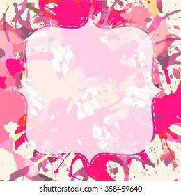 Template with semi-transparent white vintage frame over bright pink colorful artistic paint splashes, ready for your text.