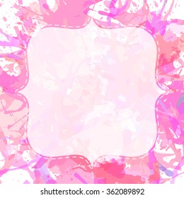 Template with semi-transparent white vintage frame over pastel pink artistic paint splashes, ready for your text.