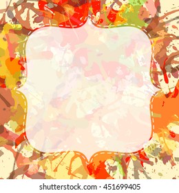 Template with semi-transparent white vintage frame over bright orange colorful artistic paint splashes, ready for your text.