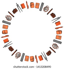 Template for September 1. Round frame of pens, pencils, compasses, notebooks, textbooks, briefcases and rucksacks on a white background. Literacy day. Vector.