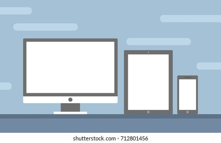 Template Set of All Screen Device Preview for Website Preview in Flat Design Vector Illustration isolated in blue background