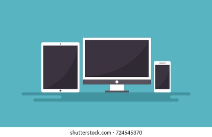 Template Set of All Screen Device Preview With Black Screen for Website Preview, Landscape Banner, Landing Page in Trendy Flat Design Vector Illustration isolated in blue background