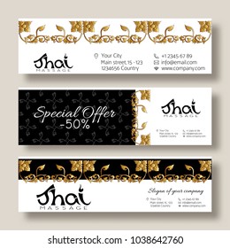 A template for the set of banners with special offer, sale, discount or gift card for a Thai massage salon, decorated with traditional Thai ornaments. Stock vector illustration.

