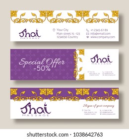 A template for the set of banners with special offer, sale, discount or gift card for a Thai massage salon, decorated with traditional Thai ornaments. Stock vector illustration.