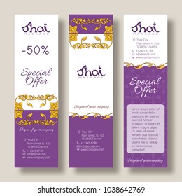 A template for the set of banners with special offer, sale, discount or gift card for a Thai massage salon, decorated with traditional Thai ornaments. Stock vector illustration.
