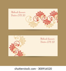 Template set with bright decorative mehndi design for banners, business or gift cards, invitations. Vector EPS 10.
