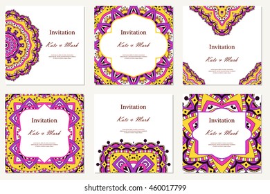 Template set of cards. Ornamental borders and patterned background. Mandala. Frame for greeting card or wedding invitation. Vector illustration
