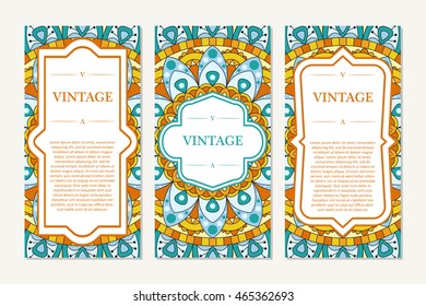 Template set of cards. Ornamental borders and patterned background. Mandala. Frame for greeting card or wedding invitation. Vector illustration
