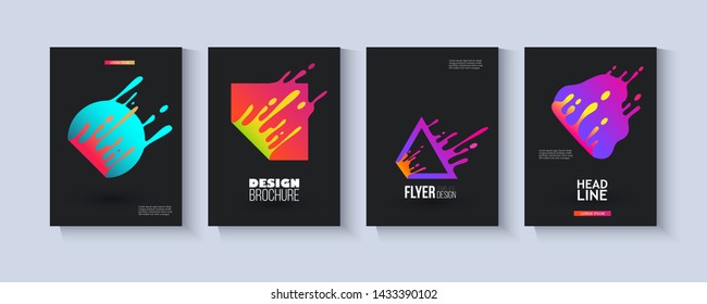 Template set with colorful fluid geometric shapes splashing in motion flat style, vector illustration isolated on black background. Flyer and brochure and banner design with splattering liquid shapes