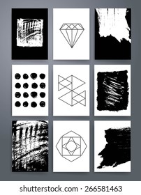Template. Set of creative ink cards. Hand Drawn textures made with ink. Abstract Geometric Patterns Set with Hipster Style Icons for Logo Design.