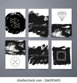 Template. Set of creative ink cards. Hand Drawn textures made with ink. Abstract Geometric Patterns Set with Hipster Style Icons for Logo Design. 
