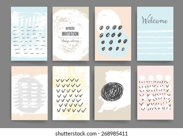 Template. Set of creative ink cards. Hand Drawn textures made with ink. Invitation card.