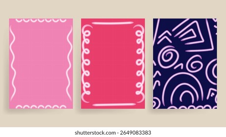 Template Set with Doodle Border Vector  in Pink, Purple, 