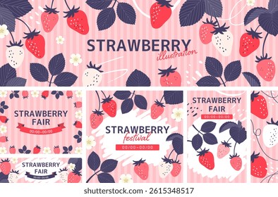 Template set of flat strawberry illustrations