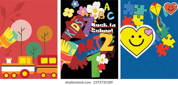 Template set for flyers, magazines, posters, book covers, booklets, and banners. Features grain texture and noise effects. Includes people characters in a kids' playground background with various item