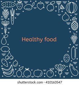 Template with set of fruits and vegetables icons. Line style. Vector illustration. EPS8