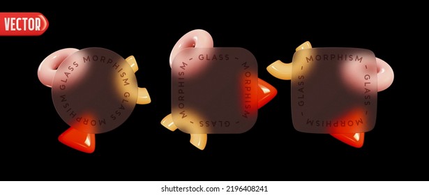 Conjunto de plantillas de morfismo de vidrio. GlassMorphism cuadrado y cuadros redondos. Objetos abstractos geométricos bajo vidrio. Efecto de desenfoque transparente de textura. Diseño de estilo 3d realista. ilustración vectorial