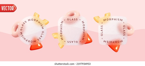 Template Set of Glass Morphism. GlassMorphism square and round frames. Geometric abstract objects under glass. Texture transparent blur effect. Realistic 3d style design. vector illustration