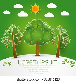 template Set of Green Forest, trees and bushes pop up paper cut style on green background Vector illustration