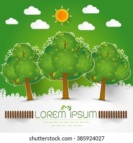 template Set of Green Forest, trees and bushes pop up paper cut style on green background Vector illustration