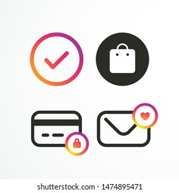 Template set icons social media: colorful check mark, shopping bag, credit card, envelope. Social media concept. Vector illustration. EPS 10