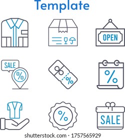 template set. included calendar, gift, shirt, package, discount, jacket, placeholder, open icons. bicolor styles.