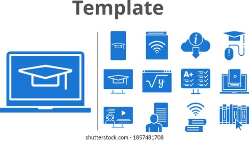 template set. included student-smartphone, study, audiobook, student-laptop, test, instructor, learn, maths, book, elearning, information, student-desktop icons. filled styles.