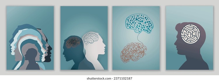 Vorlagensatz. Broschüre Psychische Gesundheit. Metaphern bipolare Störung geistiges Denken. Doppeltes Gesicht. Getrennte Persönlichkeit. Stimmungsstörung. 2 Head Silhouette.Psychologie.OurMindsMatter. Poster