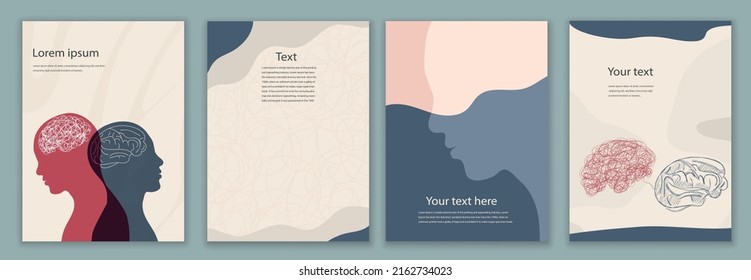 Template set. Leaflet brochure. Metaphor bipolar disorder mind mental. Double face. Split personality. Concept mood disorder. 2 Head silhouette.Psychology. Mental health.Poster copy space