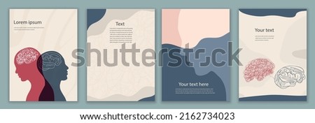 Template set. Leaflet brochure. Metaphor bipolar disorder mind mental. Double face. Split personality. Concept mood disorder. 2 Head silhouette.Psychology. Mental health.Poster copy space Stockfoto © 