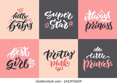 Template set logo of Little Princess for girls clothes. Little Feminine calligraphy. Typography poster EPS 10. Handwritten lettering and calligraphy for birthday party, posters