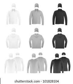 Template set: long sleeve blank polo t-shirts and hats.