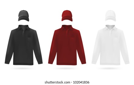 Template set: long sleeve blank polo shirts and hats.