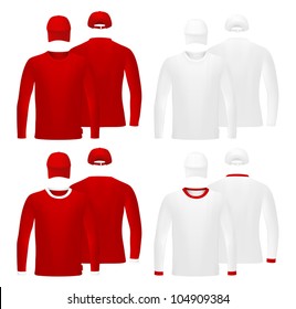 Template set: long sleeve red blank t-shirts and hats.