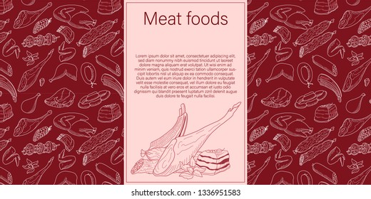 Template. set of meat and meat products of different breeds of livestock and birds. Doodle. Leaflet, booklet, poster. Vector