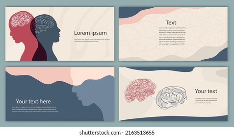 Template set. Metaphor bipolar disorder mind mental. Double face. Leaflet brochure. Split personality. Concept mood disorder. 2 Head silhouette.Psychology. Mental health.Poster copy space