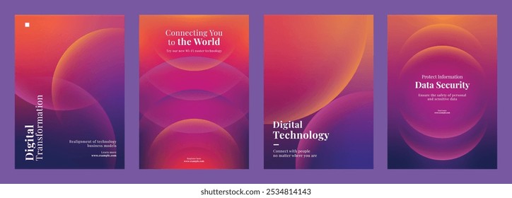 Conjunto de nove cartazes temáticos de tecnologia que mostram tecnologia inovadora, análise de dados e transformação digital. Conjunto de pôster modelo de gradiente roxo do pôster. Vetor de modelo de cartaz definido.