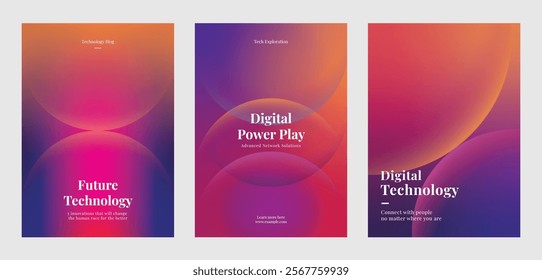 Template set of nine tech-themed posters showcasing innovative technology, data analytics, and digital transformation. Set of poster purple gradient template poster. Poster template vector  set.