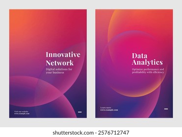 Template set of nine tech-themed posters showcasing innovative technology, data analytics, and digital transformation. Set of poster purple gradient template poster. Poster template vector  set.