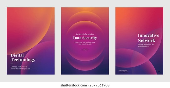 Template set of nine tech-themed posters showcasing innovative technology, data analytics, and digital transformation. Set of poster purple gradient template poster. Poster template vector  set.