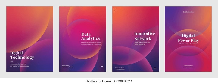 Template set of nine tech-themed posters showcasing innovative technology, data analytics, and digital transformation. Set of poster purple gradient template poster. Poster template vector  set.