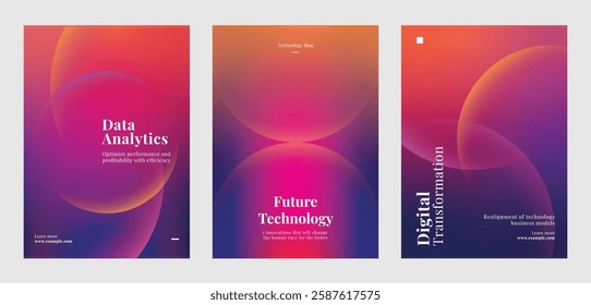 Template set of nine tech-themed posters showcasing innovative technology, data analytics, and digital transformation. Set of poster purple gradient template poster. Poster template vector  set.