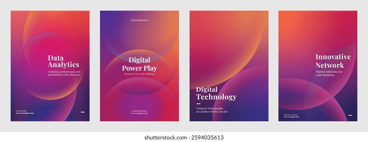 Template set of nine tech-themed posters showcasing innovative technology, data analytics, and digital transformation. Set of poster purple gradient template poster. Poster template vector  set.