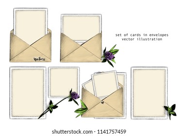 template set of open envelopes and postcards inside next to the clover flower with leaves in different sides beautiful composition, sketch vector graphics color illustration on white background