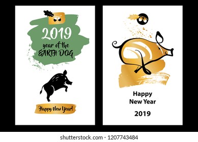 Template set of poster, flyer with silhouette Pig. Invitation greeting banner, postcard, sale, winter party event. Earth Boar symbol of Lunar Chinese New Year 2019. Vector illustration. 
