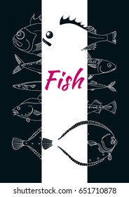 Template with set of sea fish on a black background. Perch, cod, mackerel, flounder, saira. Vector doodle. Elements for your fish template. Illustration isolated and grouped for easy editing. 