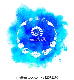 Template. Set of silhouettes of sea shells in circle. Starfish, shell, conch, spiral, helix. Place for text. Undersea world. Vector illustration for symbol, greeting card, wallpaper, background